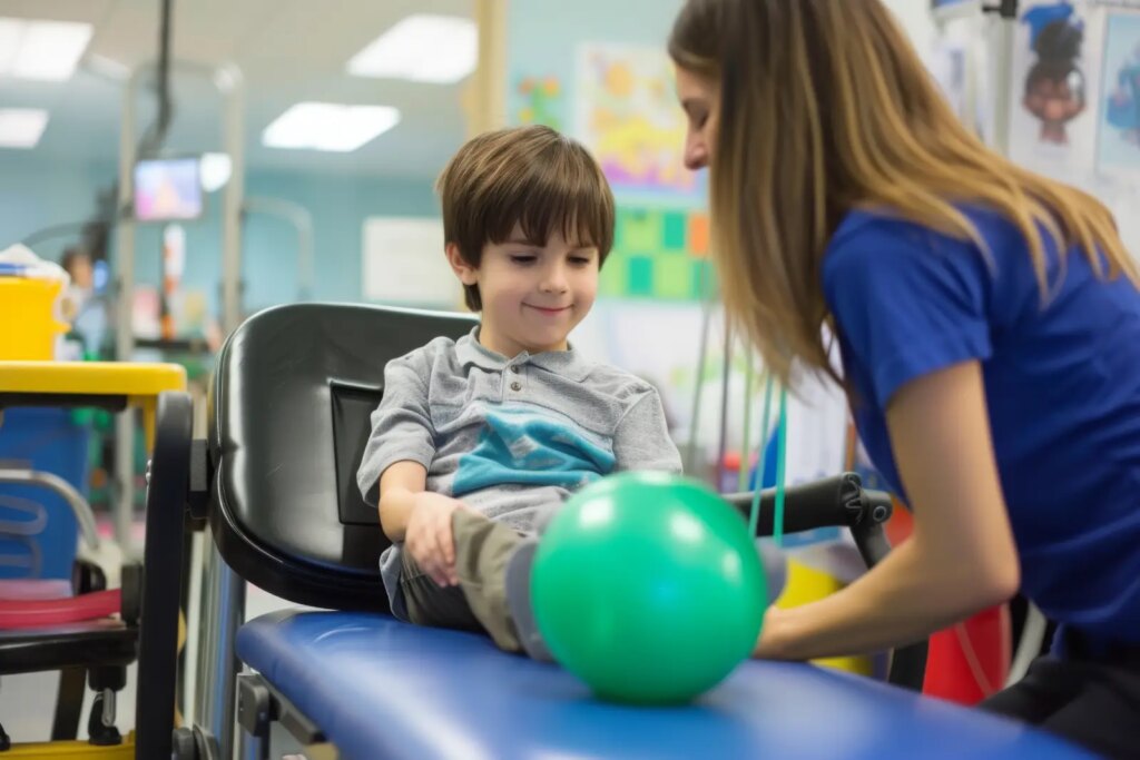 young boy sits chair beside adult woman engaging conversation draw children engaged pediatric physical therapy sessions ai generated